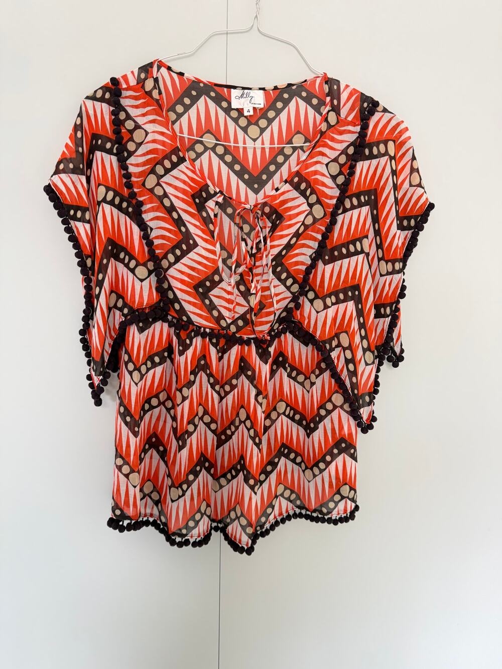MILLY of NEW YORK Kaftan Pom Pom Cotton Silk Top Orange Brown